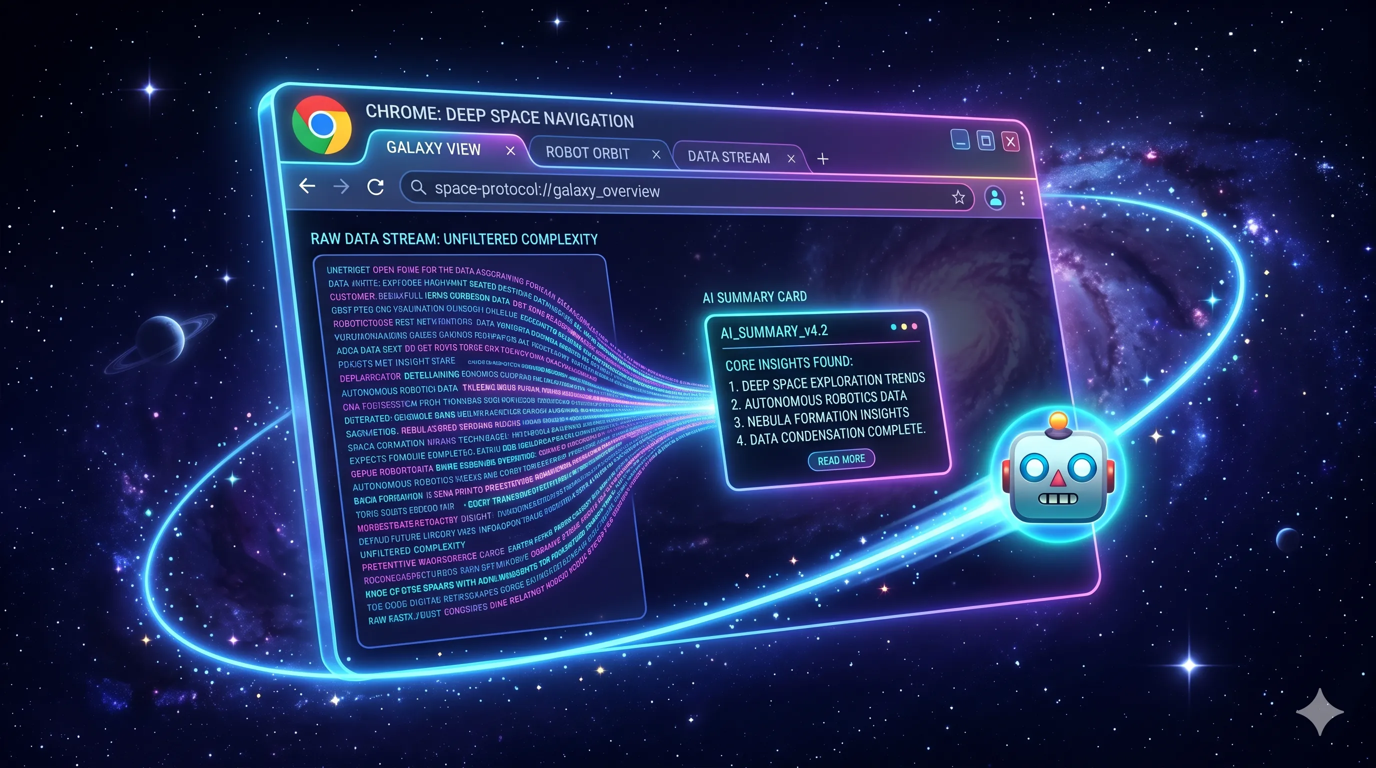 Navegador Chrome con un robot resumiendo texto en pantalla